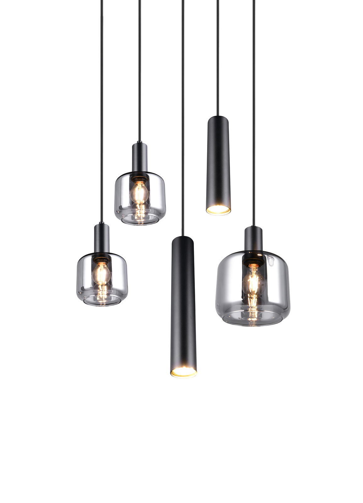 Moderne Pendelleuchte MATARO von Trio Leuchten mit fünf hängenden Lampenschirmen aus Glas und Metall, seitliche Perspektive