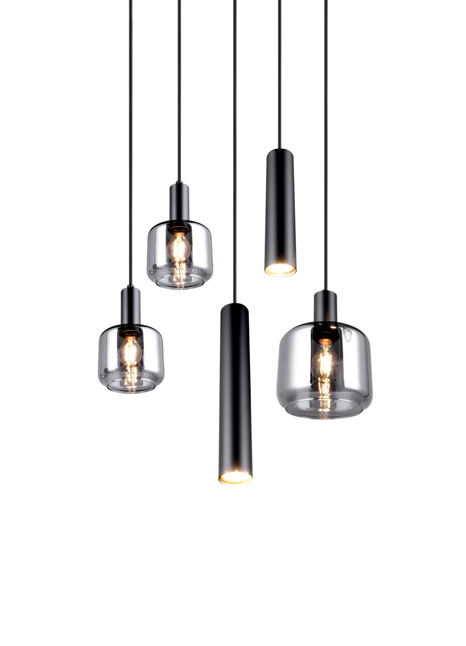 Moderne Pendelleuchte MATARO von Trio Leuchten mit fünf hängenden Lampenschirmen aus Glas und Metall, seitliche Perspektive
