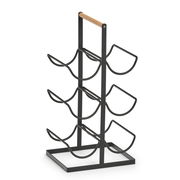 Weinregal für 6 Flaschen aus schwarzem Metall mit Holzgriff, seitliche Perspektive