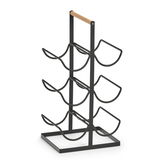 Weinregal für 6 Flaschen aus schwarzem Metall mit Holzgriff, seitliche Perspektive