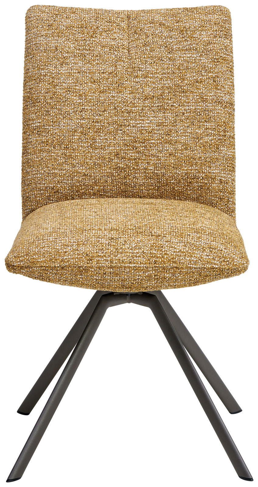 Frontalansicht eines modernen Stuhls mit gelbem Stoffbezug und schwarzen Metallbeinen.