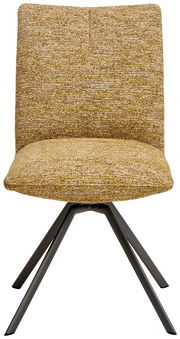 Frontalansicht eines modernen Stuhls mit gelbem Stoffbezug und schwarzen Metallbeinen.