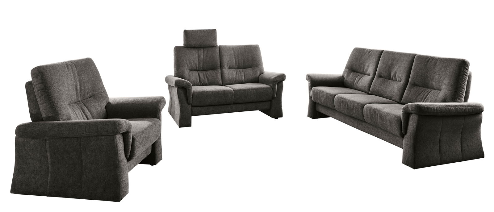Dreiteiliges Sofa-Set in dunklem Stoff, bestehend aus einem 3,5-Sitzer, einem 2-Sitzer und einem Sessel mit Kopfstütze, seitliche Perspektive.