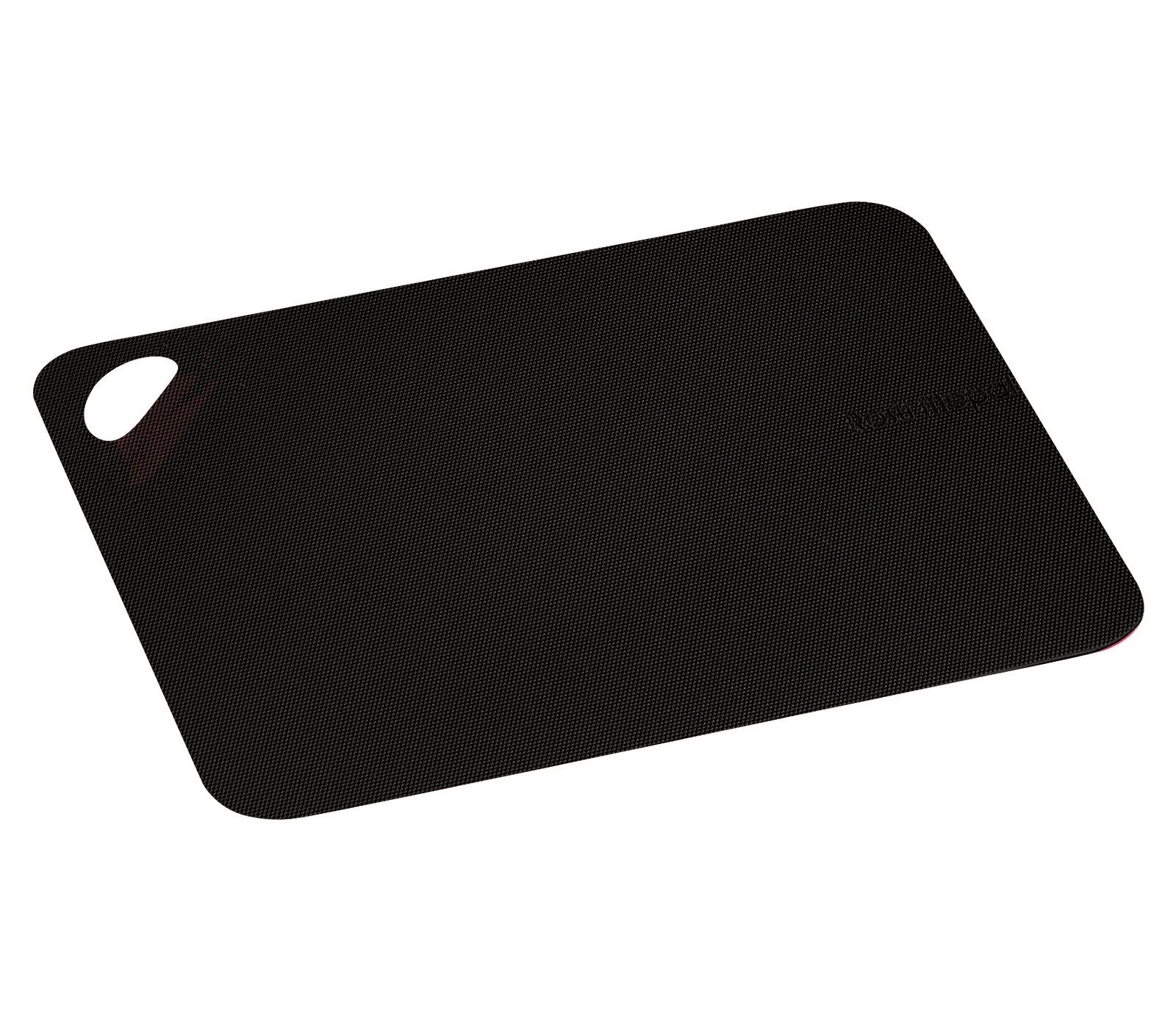 Schwarze flexible Schneidunterlage mit abgerundeten Ecken und Griffloch, perspektivisch von oben fotografiert.