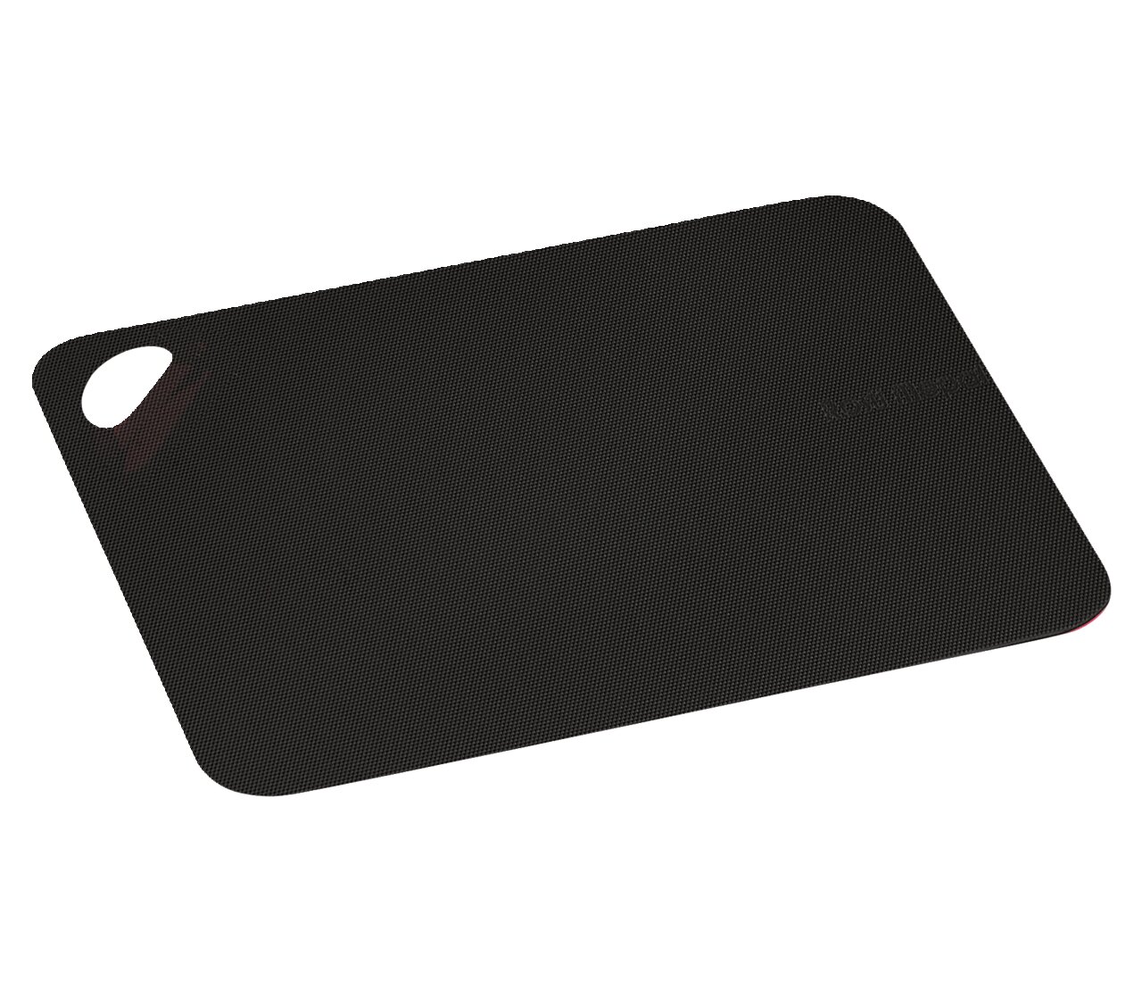 Schwarze flexible Schneidunterlage mit abgerundeten Ecken und Griffloch, perspektivisch von oben fotografiert.