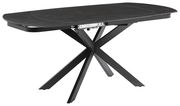 Moderner Esstisch mit schwarzer Tischplatte und X-förmigem Metallgestell, seitliche Perspektive