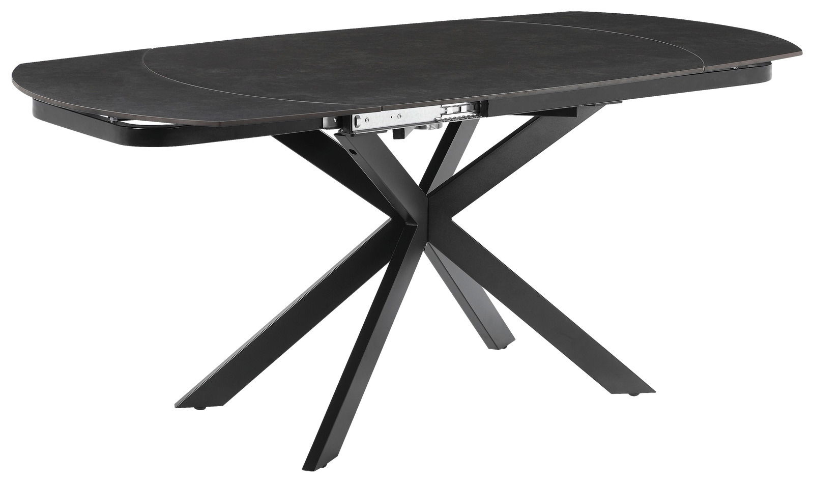 Moderner Esstisch mit schwarzer Tischplatte und X-förmigem Metallgestell, seitliche Perspektive