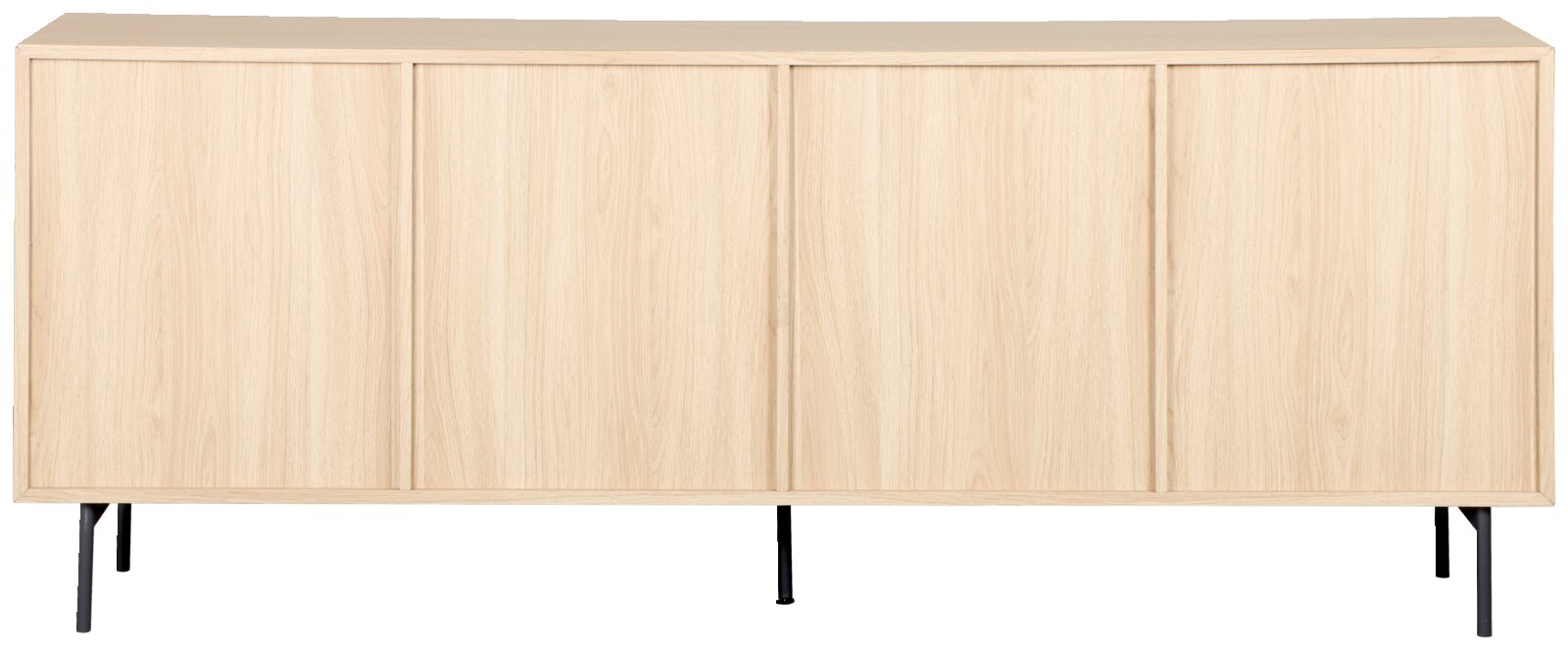 Helles Holz-Sideboard mit vier frontbündigen Türen und schwarzen Metallbeinen, Frontansicht