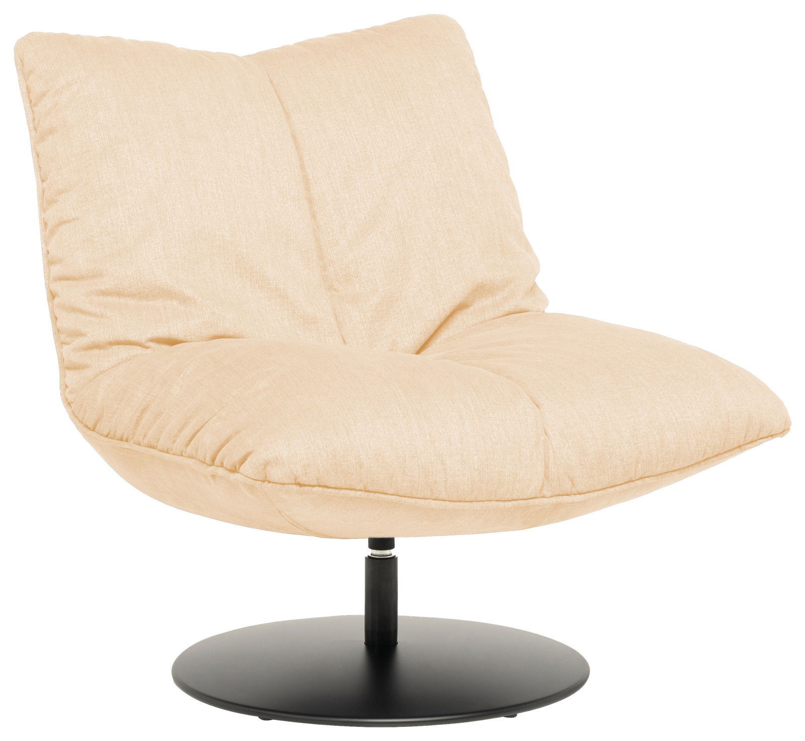 Beiger Drehsessel mit schwarzem Standfuß, seitliche Perspektive