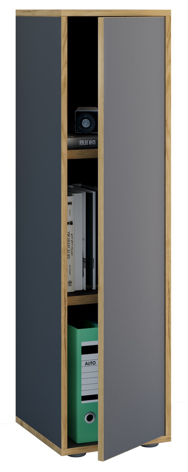 Schmaler, hoher Aktenschrank aus Holz mit grauen Fronten; eine Tür ist geöffnet und zeigt Regalfächer mit Ordnern und Büchern, Frontansicht leicht schräg von vorn.