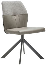 Moderner Stuhl mit gepolsterter Sitzfläche und Rückenlehne, graue Metallbeine, seitliche Perspektive