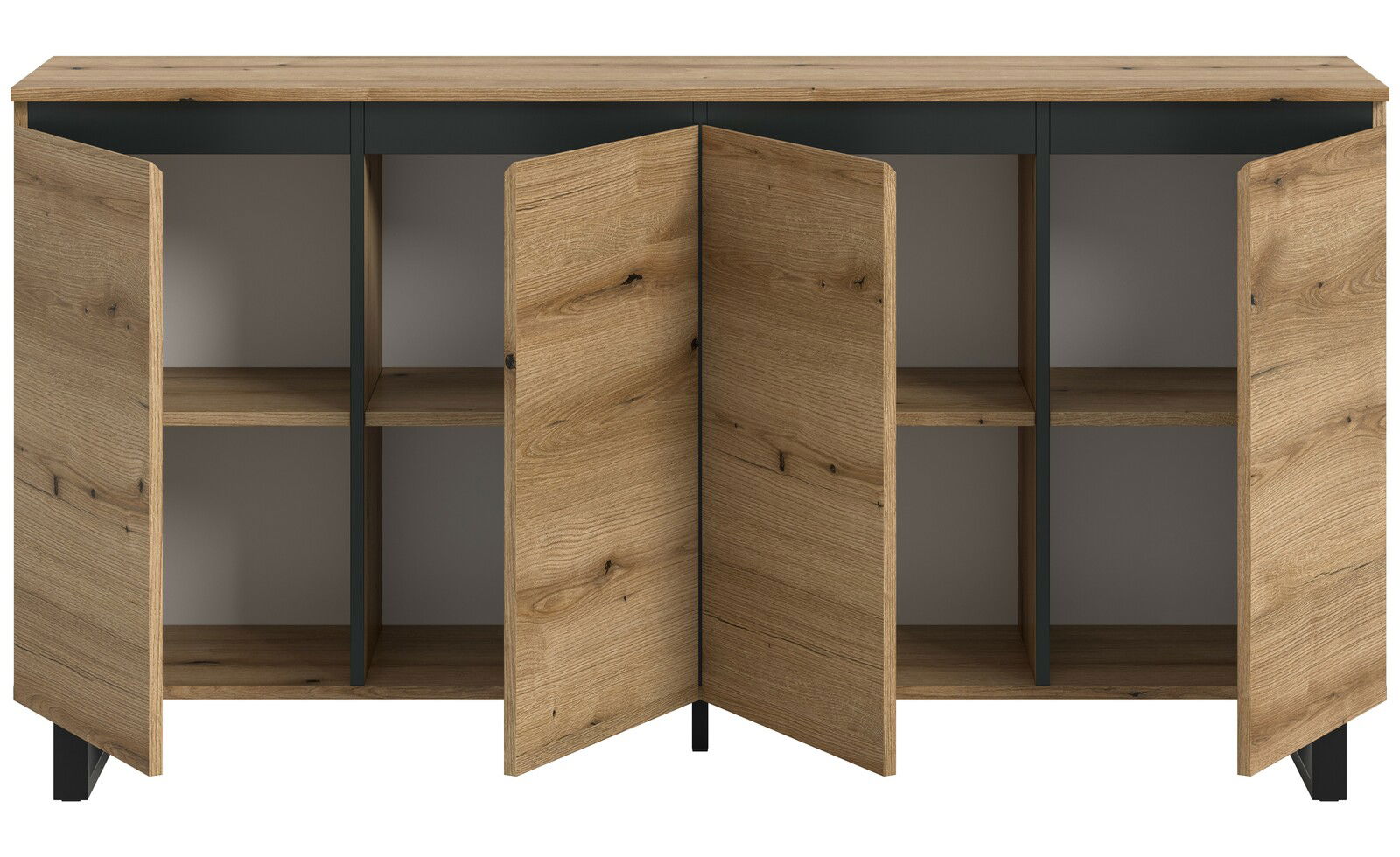 Frontansicht eines Sideboards mit offenen Holztüren und Regalböden.