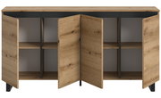Frontansicht eines Sideboards mit offenen Holztüren und Regalböden.