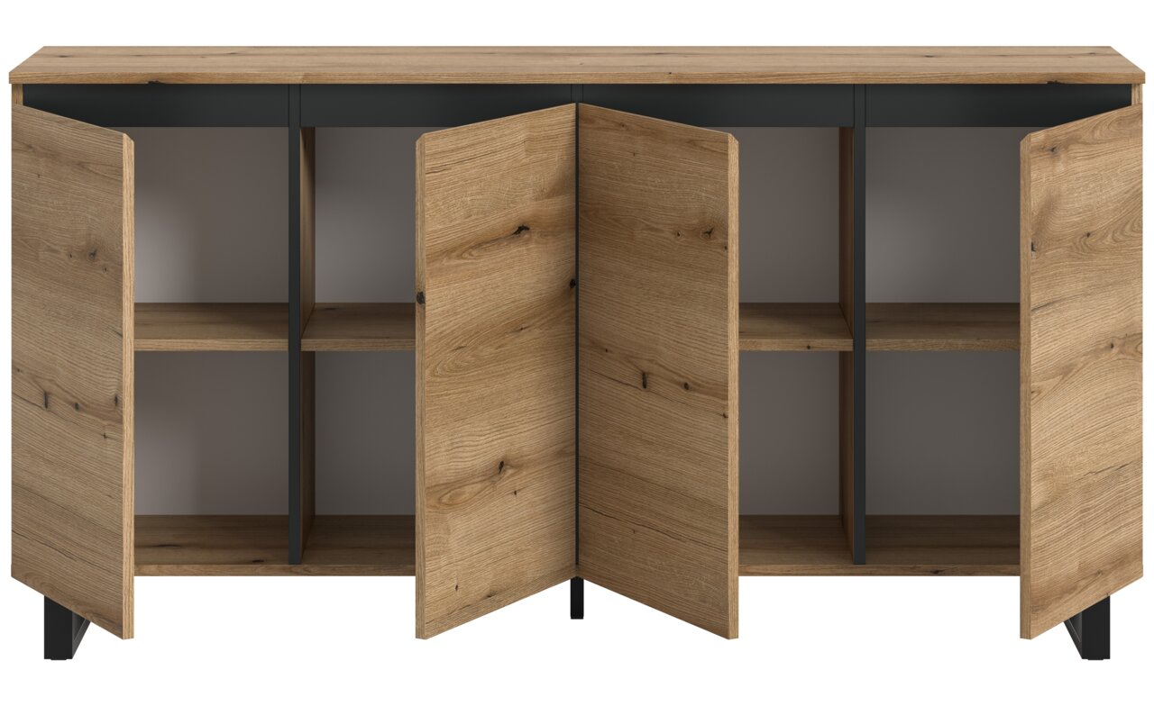 Frontansicht eines Sideboards mit offenen Holztüren und Regalböden.