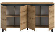 Frontansicht eines Sideboards mit offenen Holztüren und Regalböden.