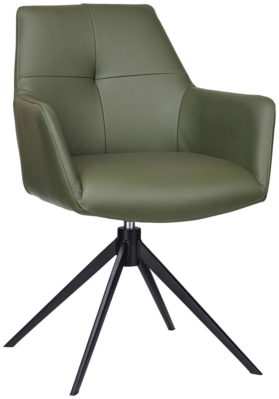 Novel Armlehnstuhl MEDUSA Grüner Armlehnstuhl mit modernem Design, schwarzem Metallgestell und gepolstertem Sitz, seitliche Perspektive