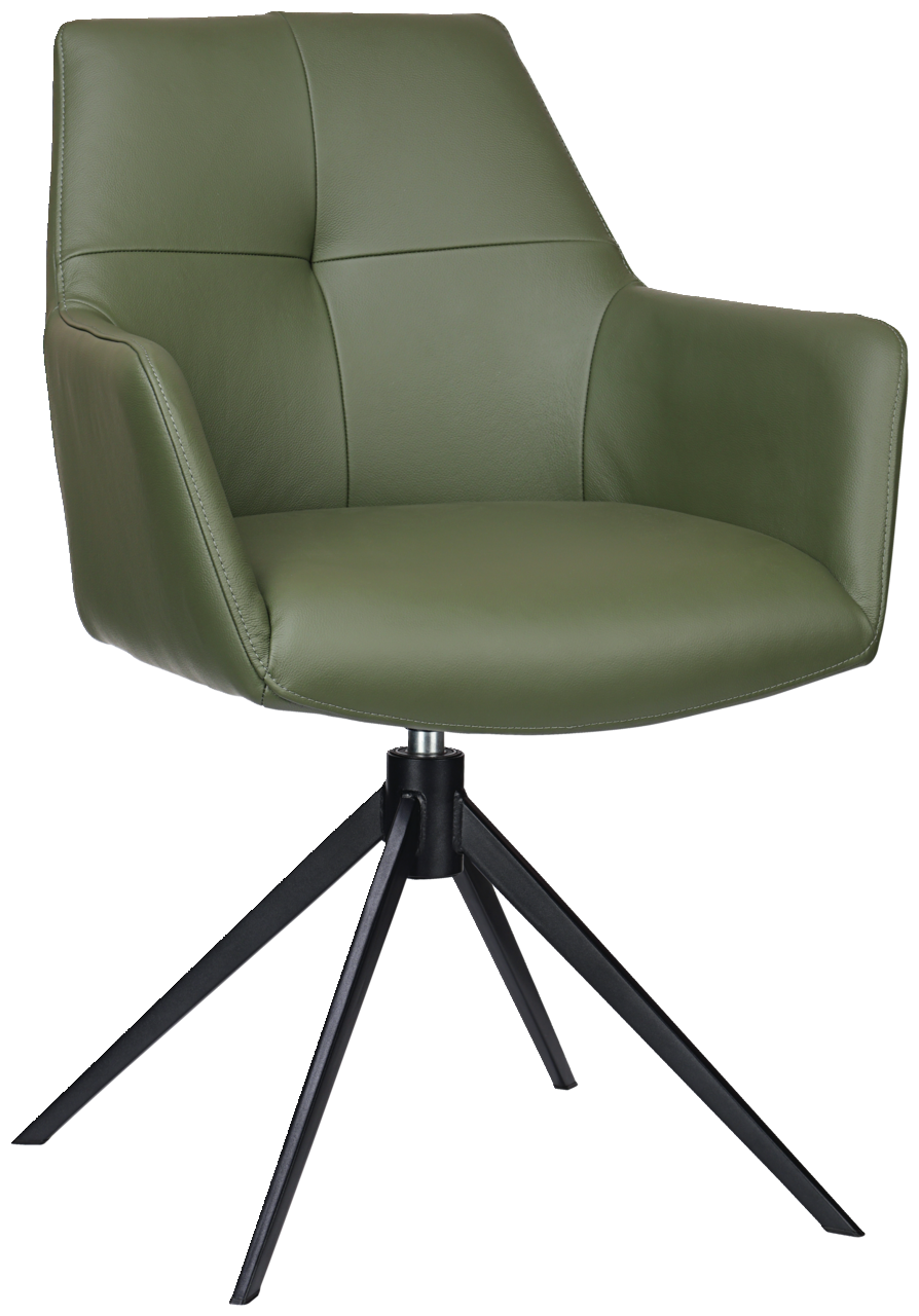 Novel Armlehnstuhl MEDUSA Grüner Armlehnstuhl mit modernem Design, schwarzem Metallgestell und gepolstertem Sitz, seitliche Perspektive