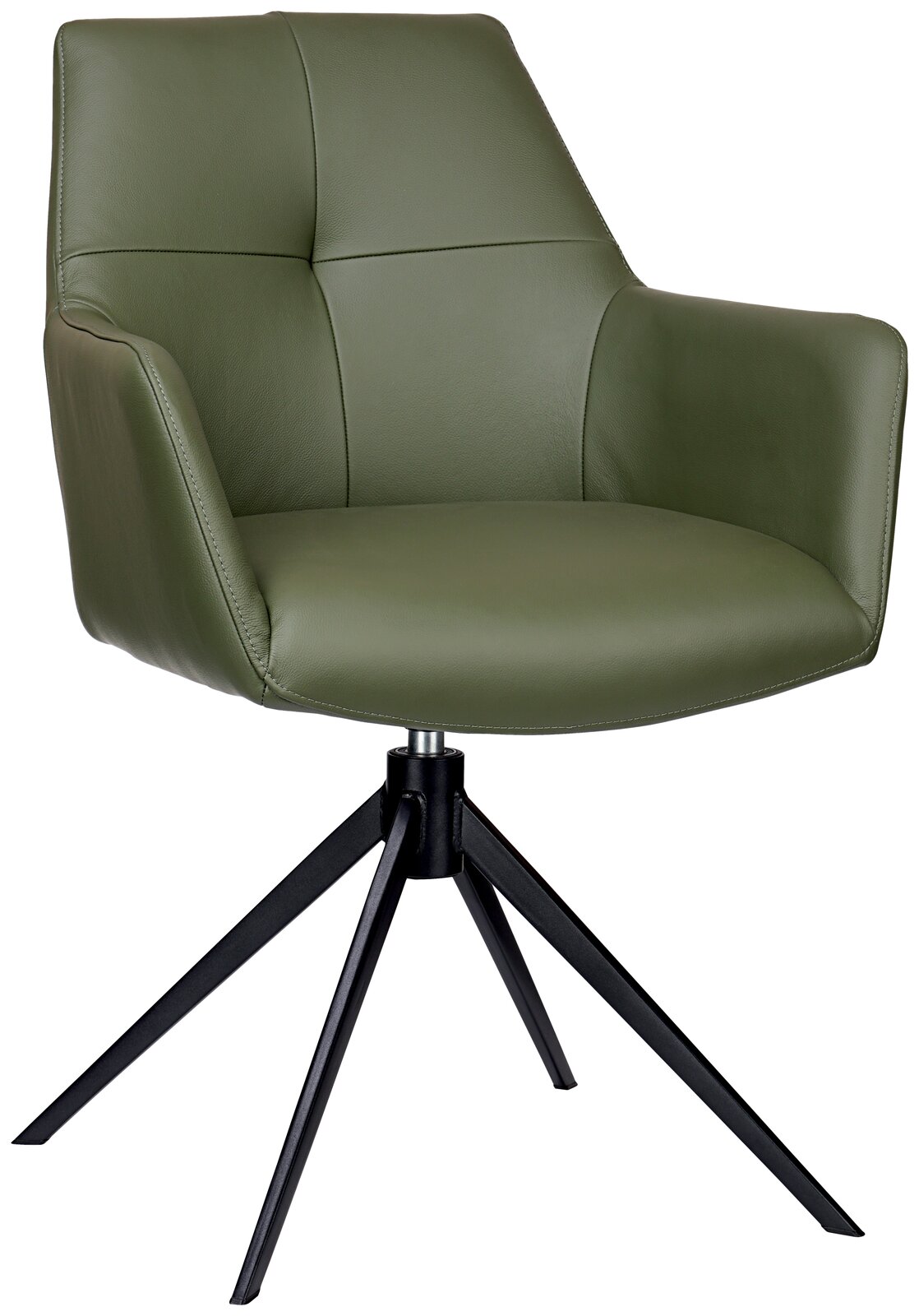 Grüner Armlehnstuhl mit modernem Design, schwarzem Metallgestell und gepolstertem Sitz, seitliche Perspektive