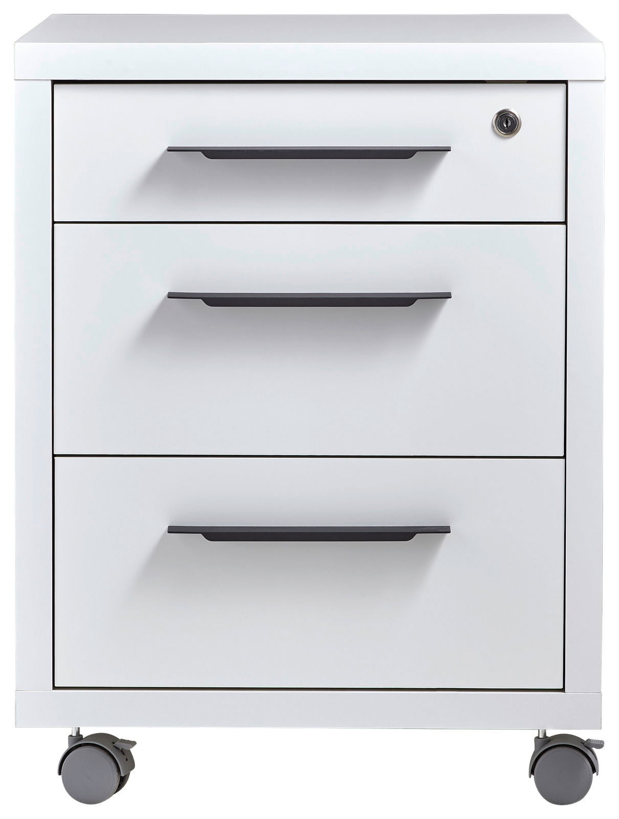 Weißer Rollcontainer mit drei Schubladen und schwarzen Griffen, Vorderansicht