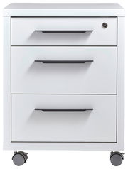 Weißer Rollcontainer mit drei Schubladen und schwarzen Griffen, Vorderansicht