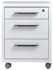 Weißer Rollcontainer mit drei Schubladen und schwarzen Griffen, Vorderansicht