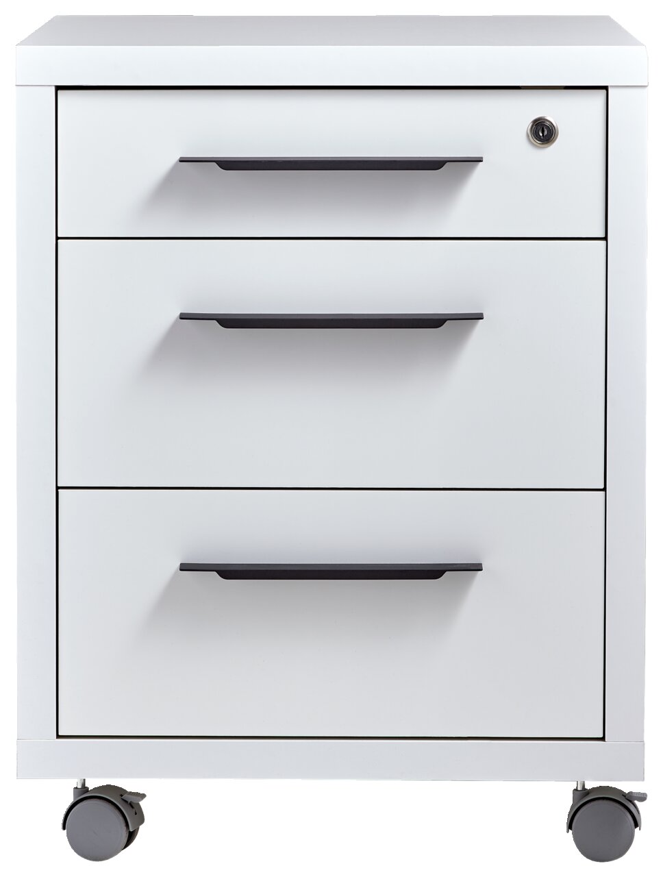 Weißer Rollcontainer mit drei Schubladen und schwarzen Griffen, Vorderansicht