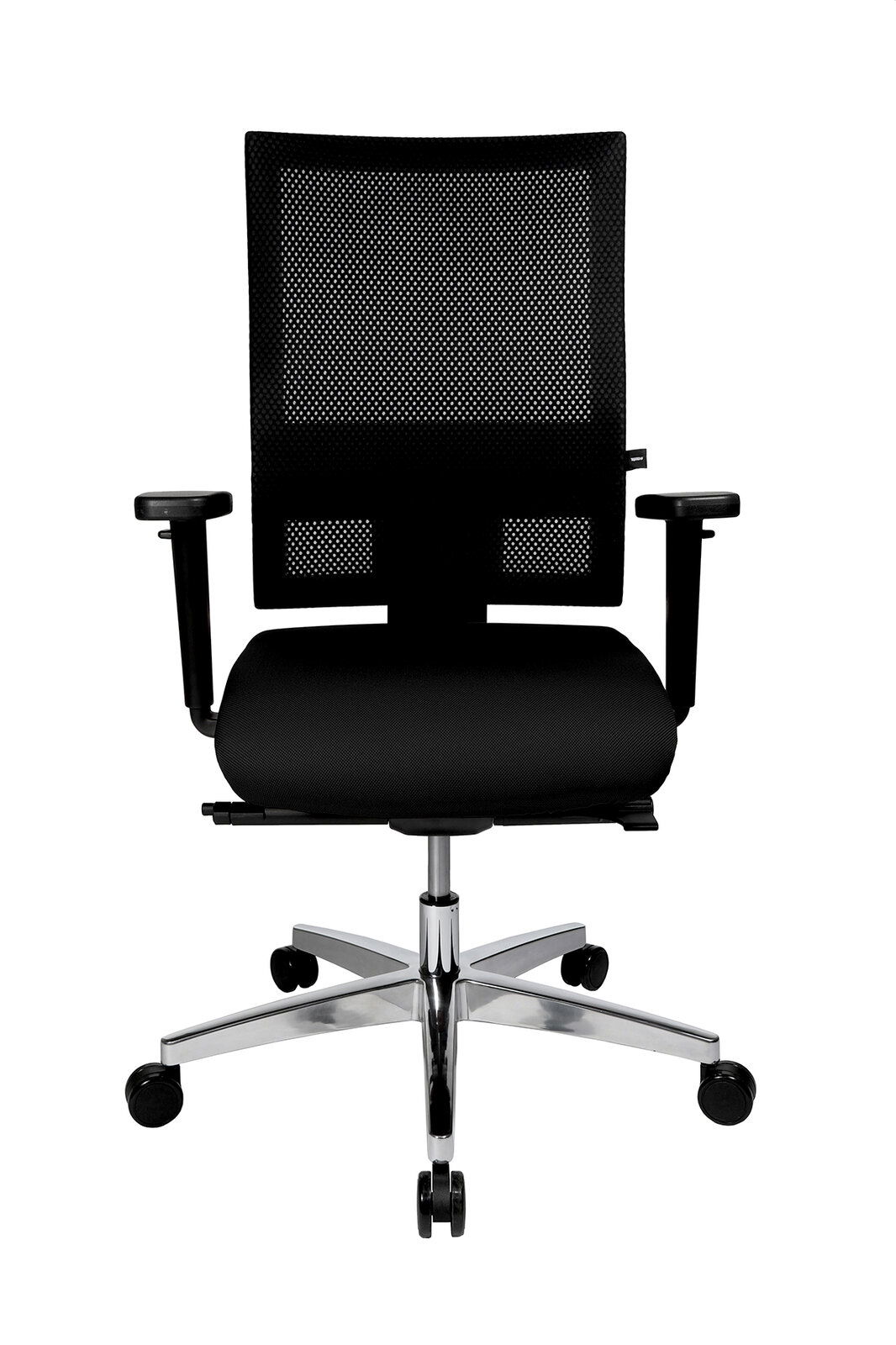 Schwarzer Drehstuhl mit Netzrückenlehne und verstellbaren Armlehnen, Vorderansicht