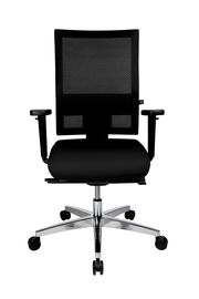 Schwarzer Drehstuhl mit Netzrückenlehne und verstellbaren Armlehnen, Vorderansicht