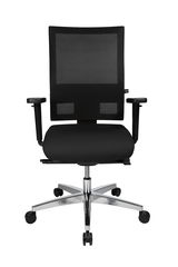 Schwarzer Drehstuhl mit Netzrückenlehne und verstellbaren Armlehnen, Vorderansicht