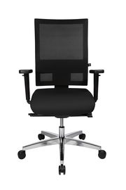 Schwarzer Drehstuhl mit Netzrückenlehne und verstellbaren Armlehnen, Vorderansicht