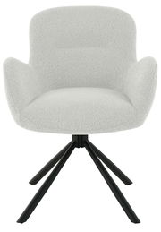 Moderner Armlehnstuhl MILANO in hellem Stoffbezug mit schwarzem Metallgestell, Frontalansicht.