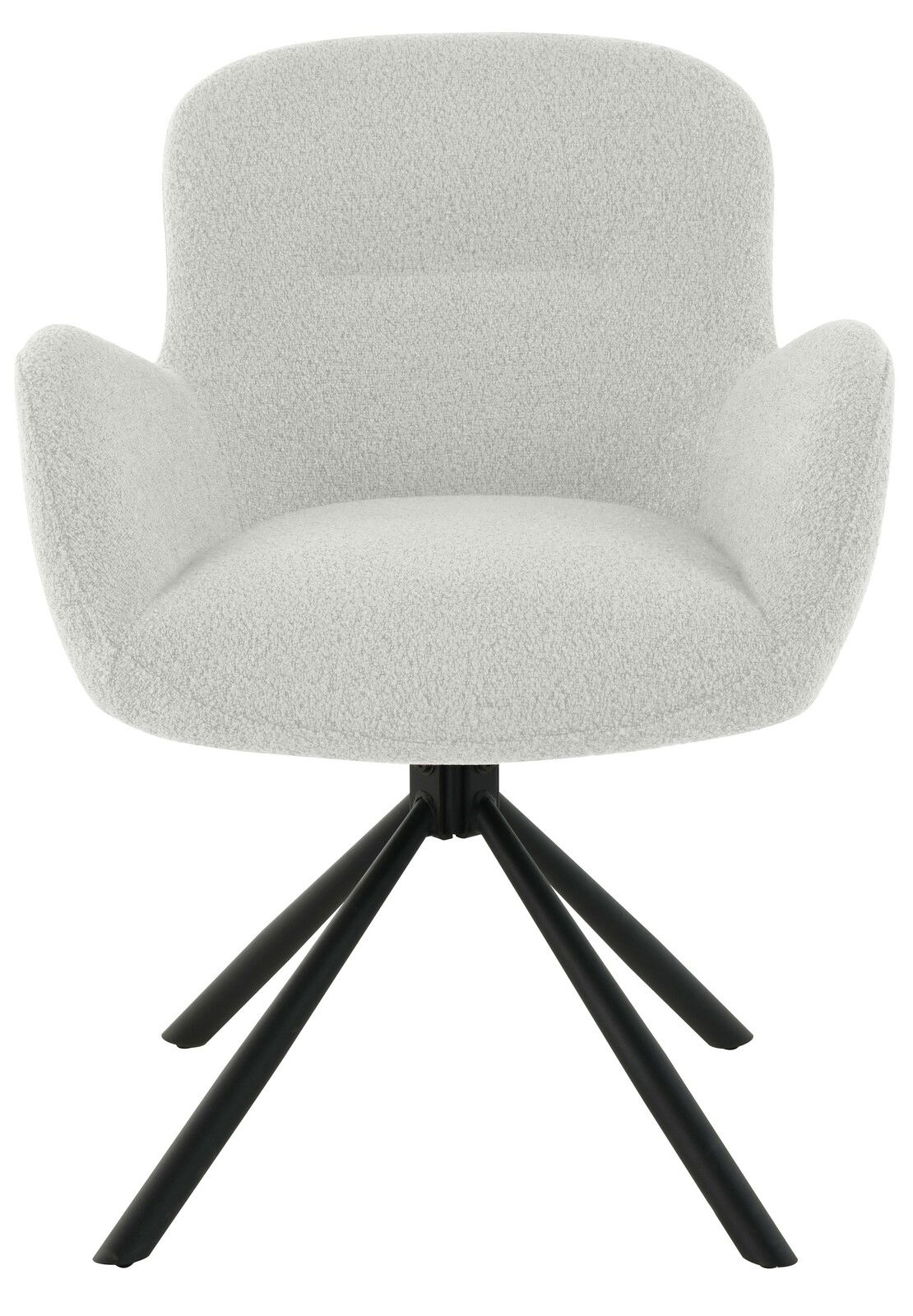 Moderner Armlehnstuhl MILANO in hellem Stoffbezug mit schwarzem Metallgestell, Frontalansicht.