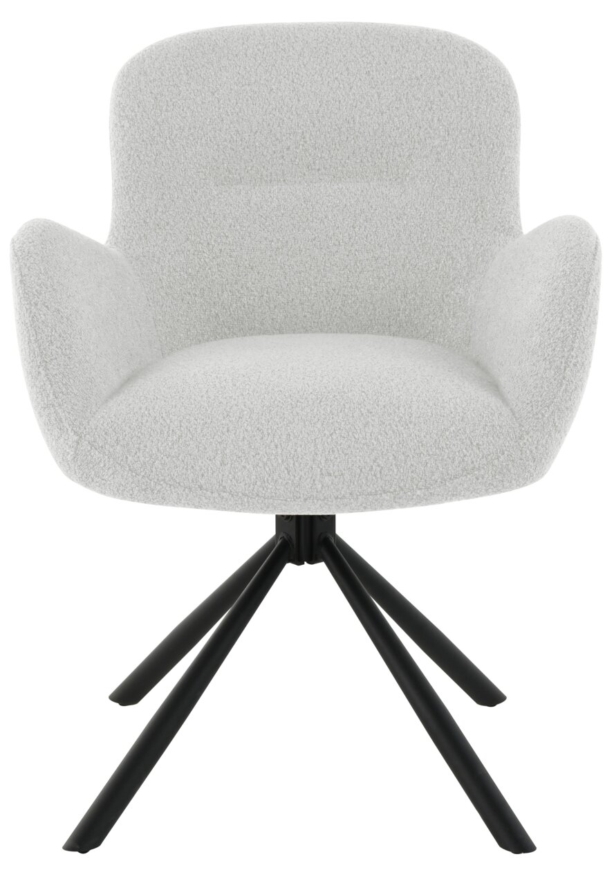 Moderne fauteuil MILANO met een lichte stoffen bekleding en een zwart metalen frame, gezien van voren.