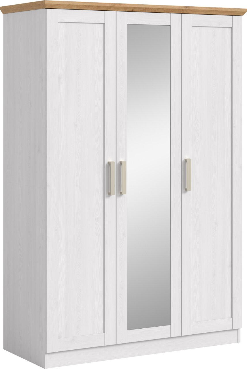 Weißer 3-türiger Kleiderschrank mit mittlerer Spiegeltür, Holzoptik-Abdeckplatte und silbernen Griffen, schräg von vorne links fotografiert