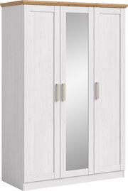 Weißer 3-türiger Kleiderschrank mit mittlerer Spiegeltür, Holzoptik-Abdeckplatte und silbernen Griffen, schräg von vorne links fotografiert