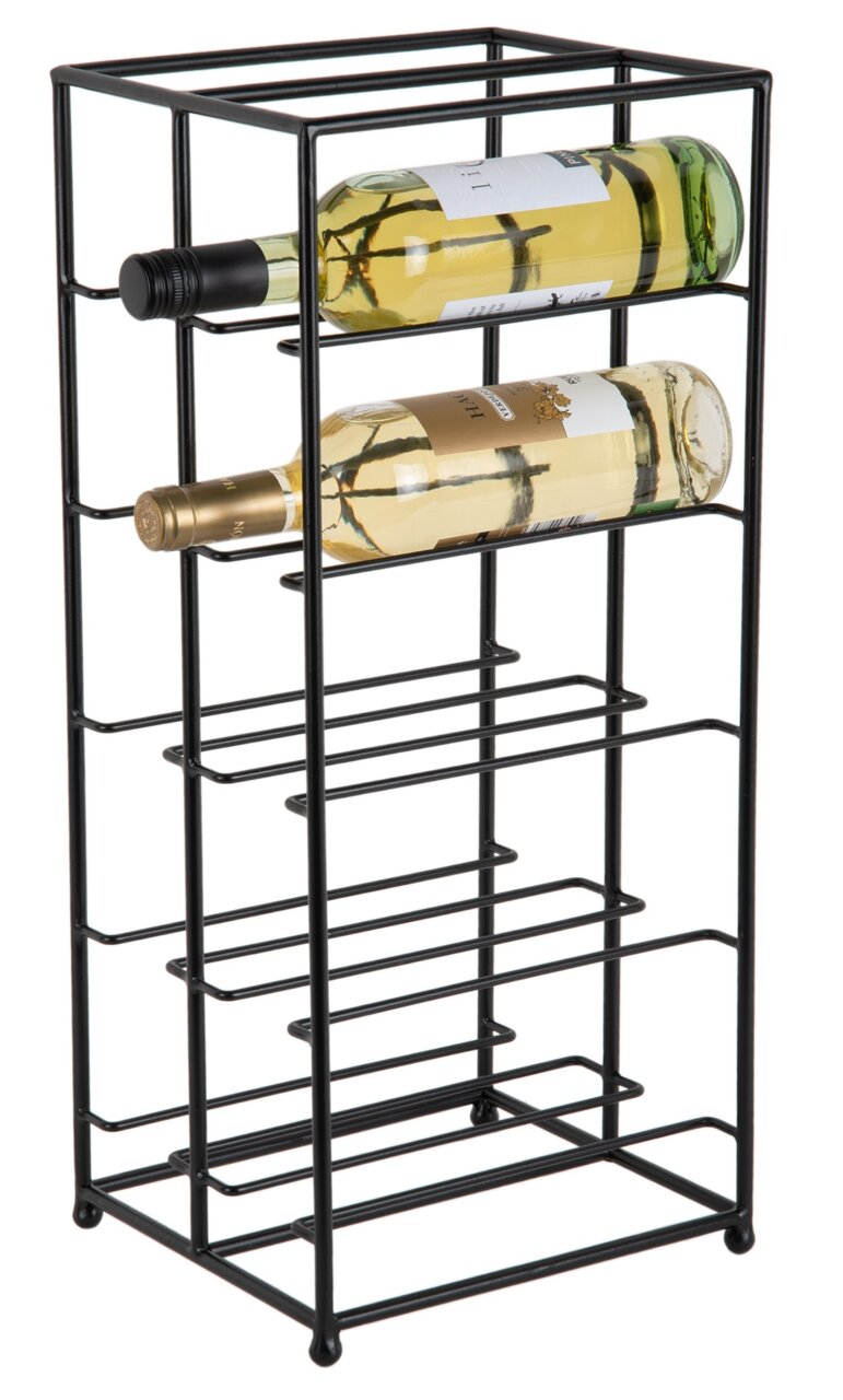 Schwarzes Weinregal aus Metall mit Platz für mehrere Flaschen, seitliche Perspektive