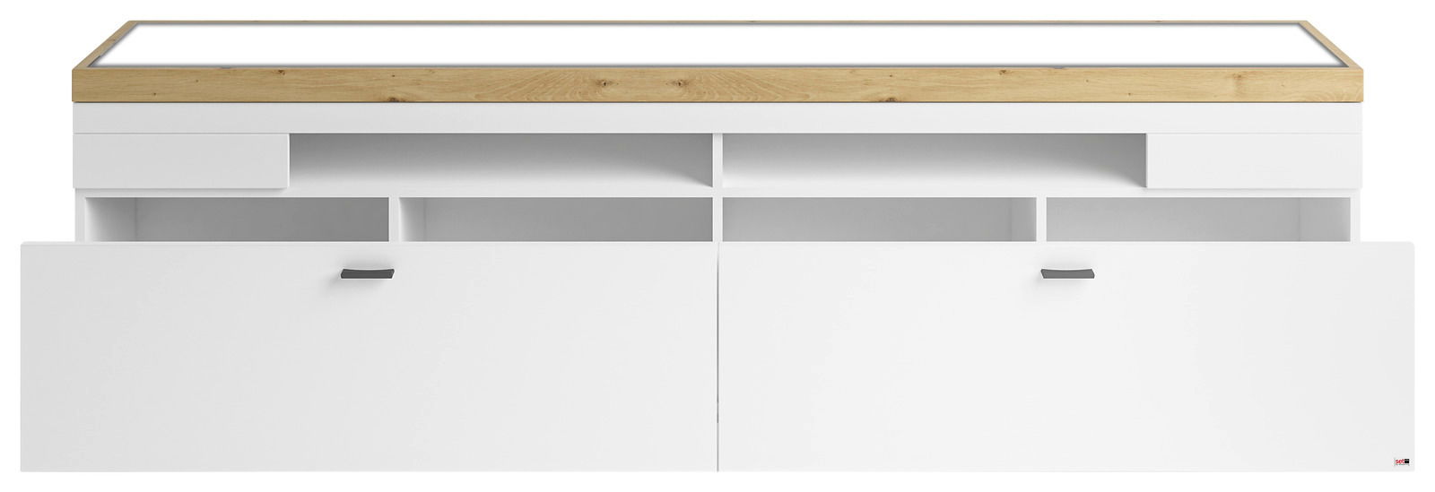 Weißes TV-Lowboard mit Holzoberfläche, zwei Türen und offenen Fächern, Frontalansicht