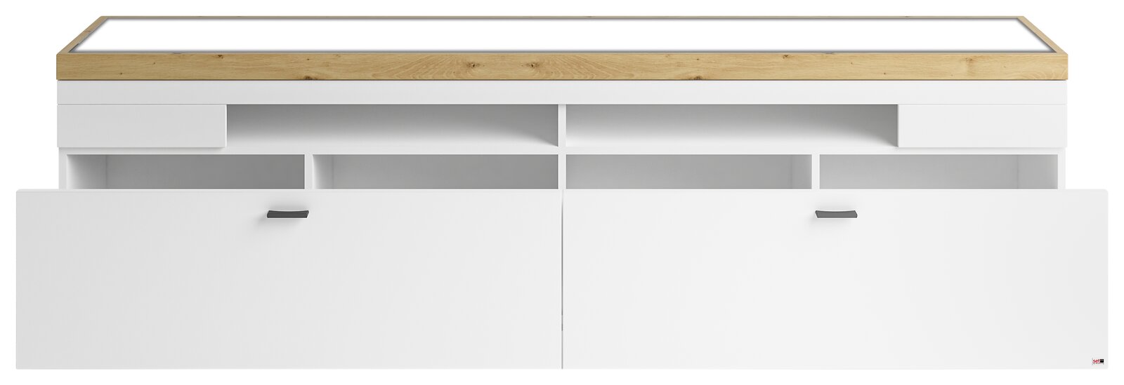 Weißes TV-Lowboard mit Holzoberfläche, zwei Türen und offenen Fächern, Frontalansicht