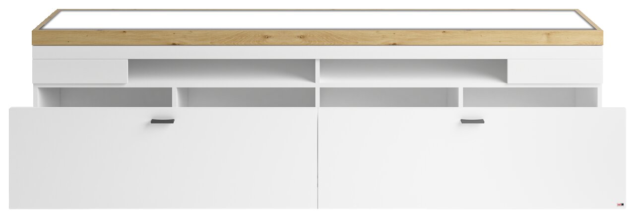 Weißes TV-Lowboard mit Holzoberfläche, zwei Türen und offenen Fächern, Frontalansicht