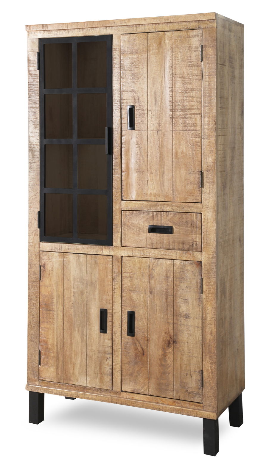 Vitrinenschrank aus Holz mit Glastür und Schublade, seitliche Perspektive