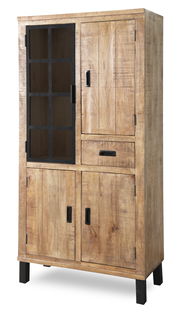 Vitrinenschrank aus Holz mit Glastür und Schublade, seitliche Perspektive