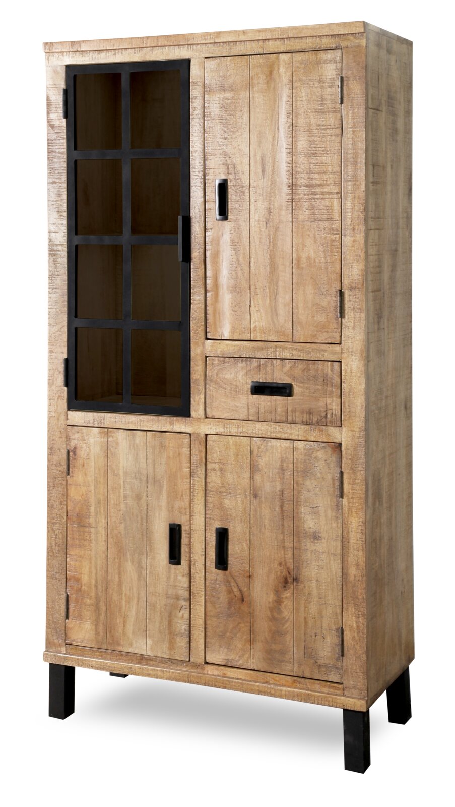 Houten vitrinekast met glazen deur en lade, zijaanzicht