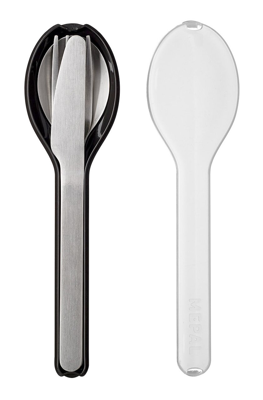 Dreiteiliges Besteckset Ellipse, bestehend aus Messer, Gabel und Löffel, in einer kompakten schwarzen Halterung mit transparentem Deckel, aus der Vogelperspektive fotografiert.
