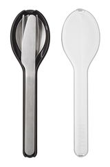 Dreiteiliges Besteckset Ellipse, bestehend aus Messer, Gabel und Löffel, in einer kompakten schwarzen Halterung mit transparentem Deckel, aus der Vogelperspektive fotografiert.