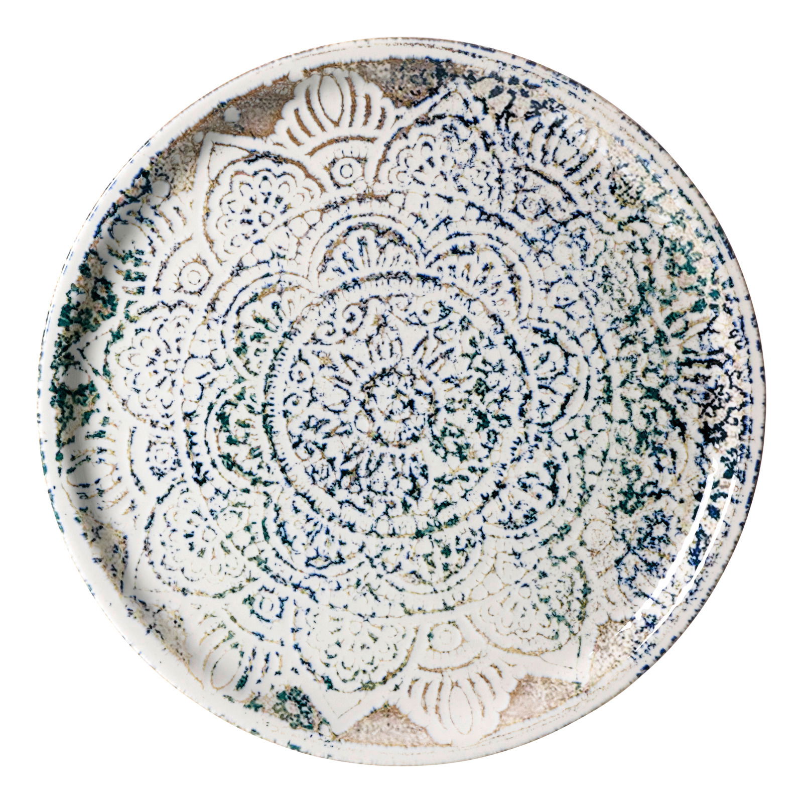 Pizzateller mit kunstvollem, mandalaartigem Muster in Blau- und Grüntönen, von oben betrachtet.
