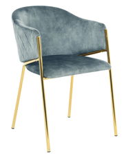 Moderner Armlehnstuhl mit blauem Samtbezug und goldenen Metallbeinen, seitliche Perspektive