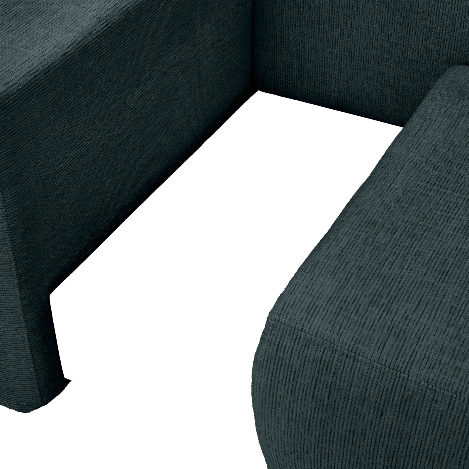 Nahaufnahme einer dunkelgrünen Recamiere mit strukturiertem Stoff, von oben betrachtet.