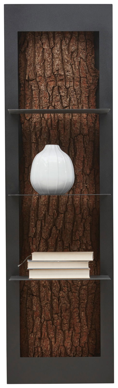 Valnatura Hängeregal LAVIA Hängeregal mit Baumrinden-Hintergrund, zwei Glasböden, darauf eine weiße Vase und Bücher, Frontalansicht