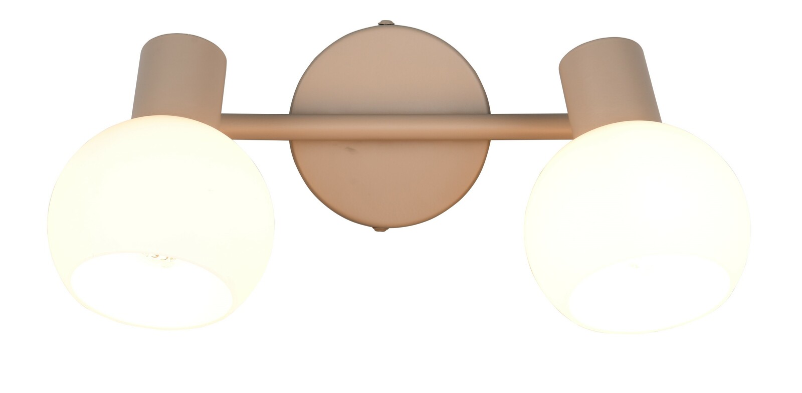 Zweiflammiger Strahler mit runden, weißen Lampenschirmen, seitliche Perspektive