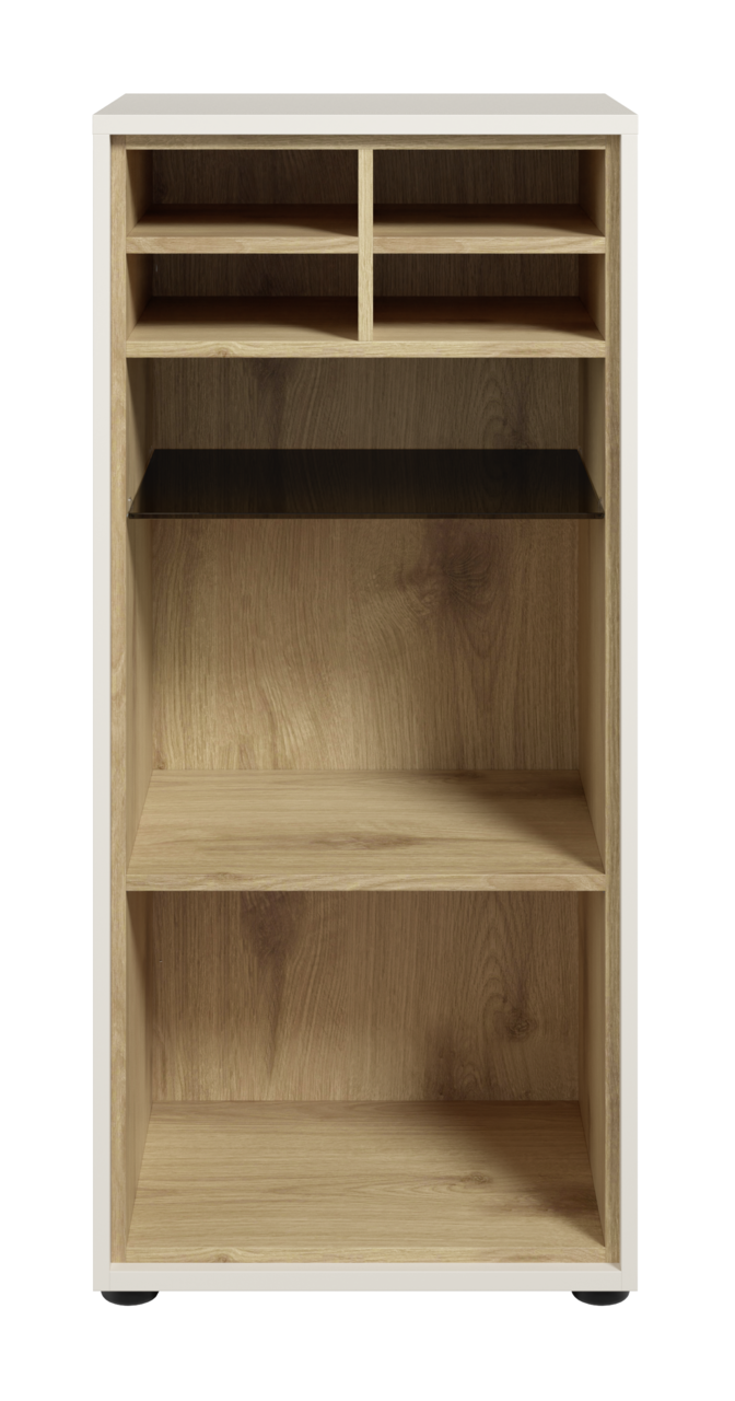 Frontansicht eines Aktenregals mit mehreren Fächern in Holzoptik.